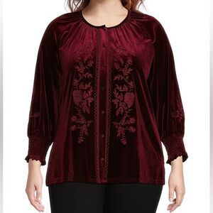 Calessa Button Up Down Shirt Womens Size 3X Red Floral Embroidered Velvet Boho